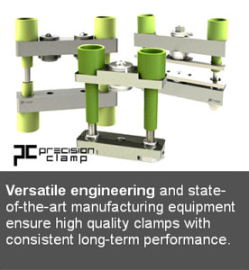 image of 3 scr clamps floating on a white background, with a caption in the image that states: versitile engineering and state-of-the-art manufacturing equipment ensure high quality scr clamps with consistant long-term performance