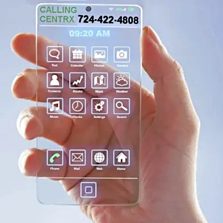 Image of a hand holding up a transparent phone, and calling Centrx -Pittsburgh Machine Shop